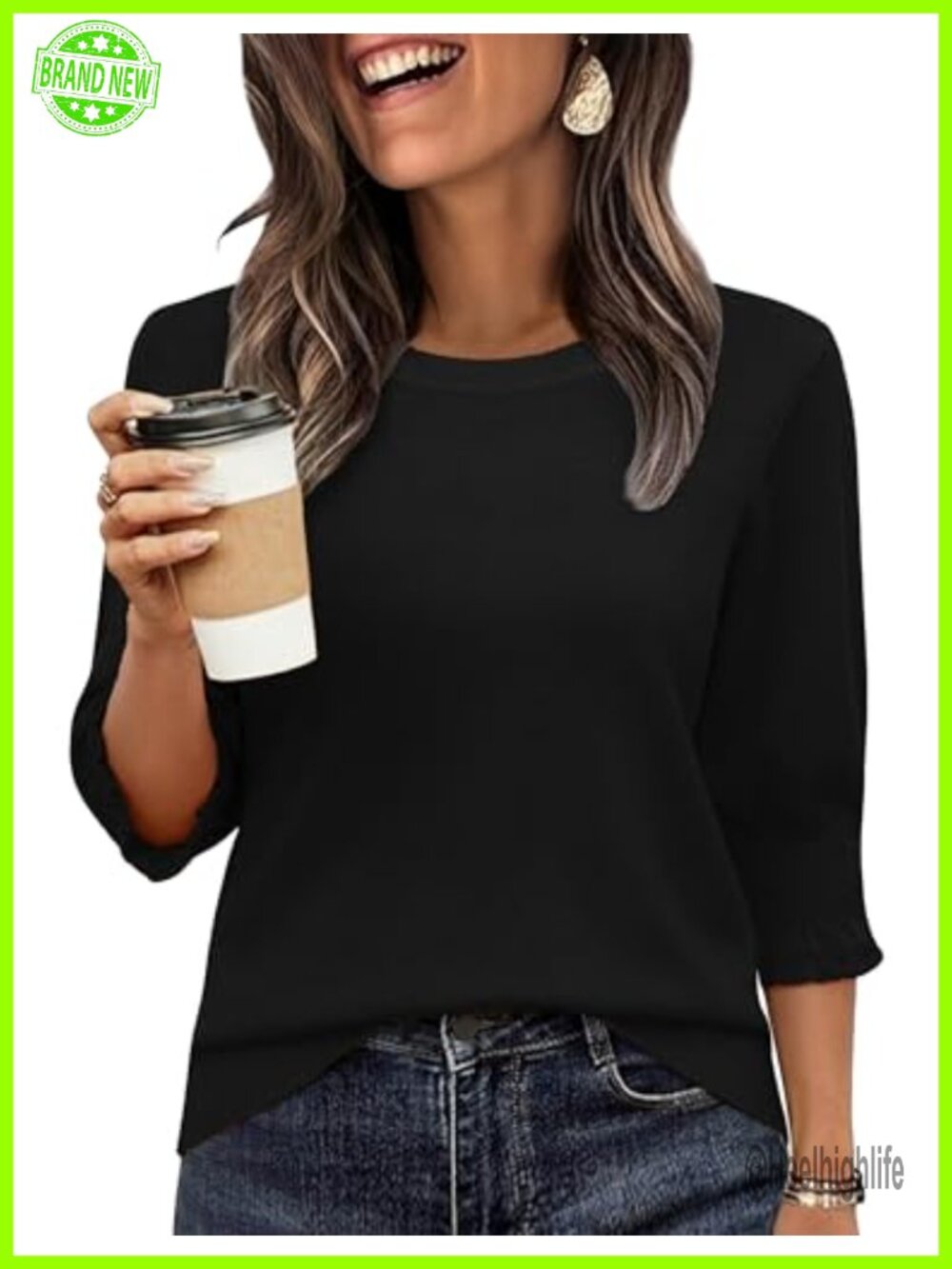 3/4 Sleeve Sweater Crew Neck Lightweight Knit Pullover Top